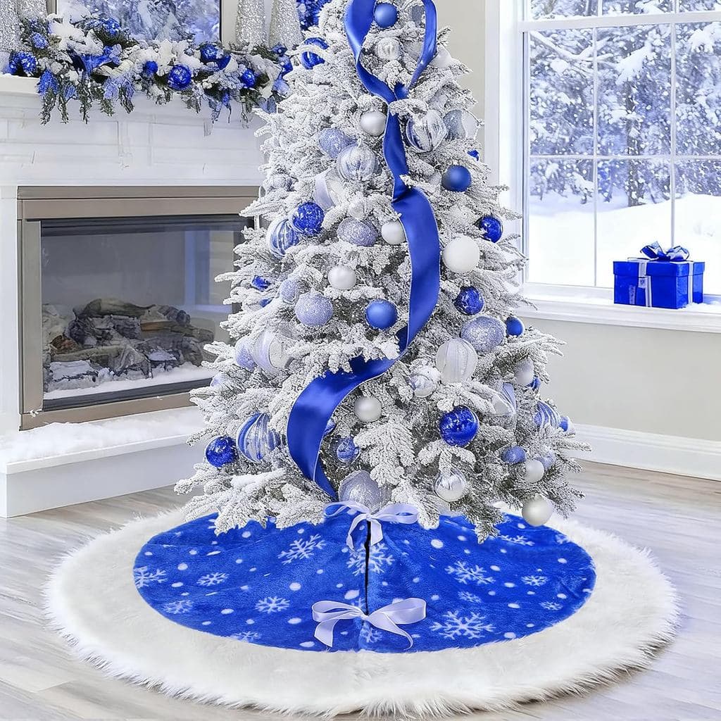 Saia para Árvore de Natal yuboo Azul e Branca, Fofa, 48 polegadas, Azul Royal, com Flocos de Neve Brancos, Decorações e