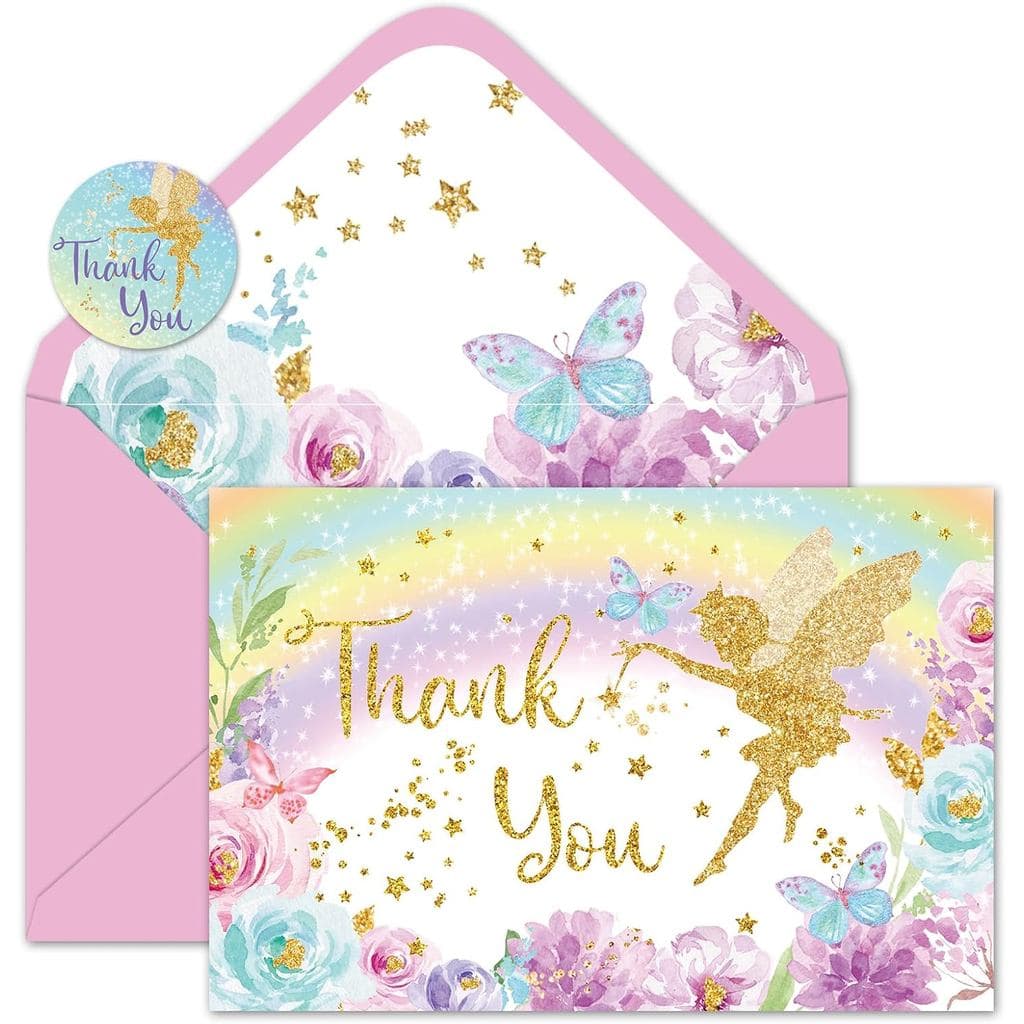 Whaline Pacote com 24 Cartões de Agradecimento com Tema Floral de Fada, Cartões de Saudação com Glitter, Borboletas e Fl