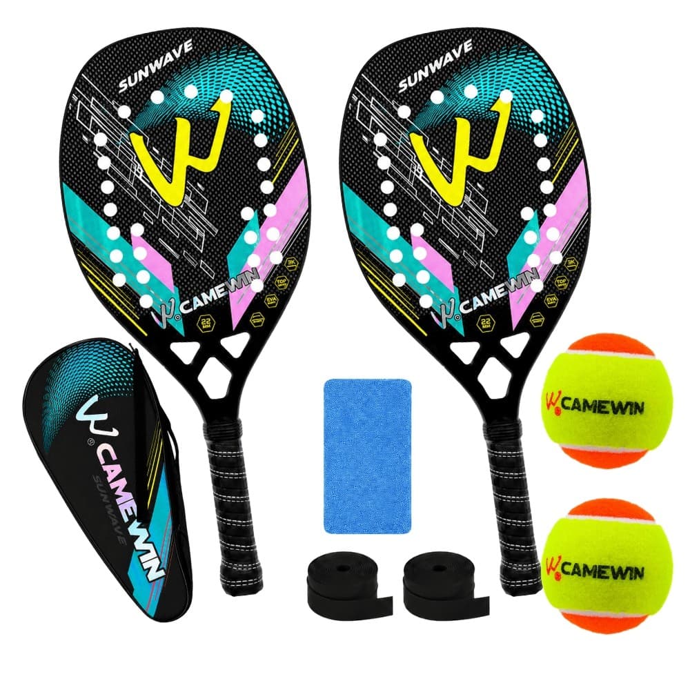 Kit 2 Raquetes Beach Tennis Camewin Carbono 3K Ultra Leve + 2 Bolinhas e Bolsa Esporte com Drip e Munhequeira