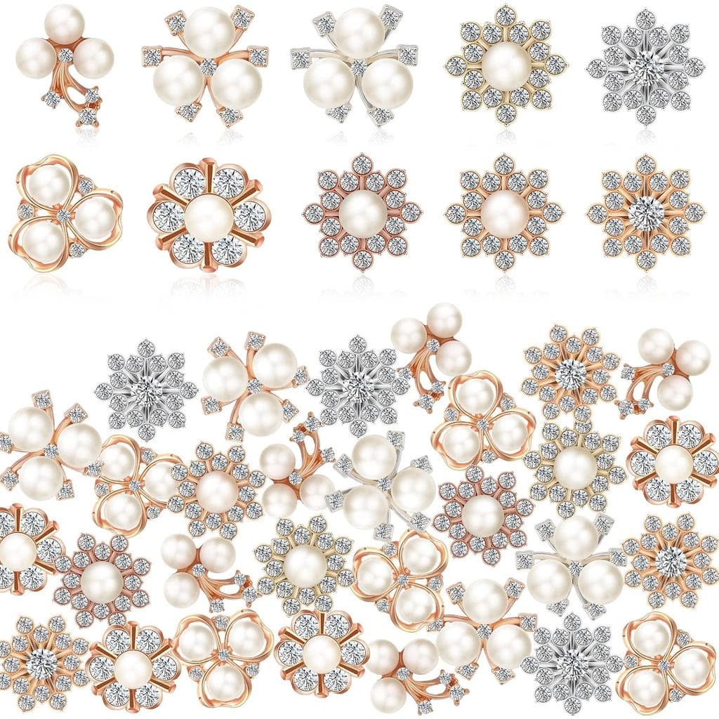 80 Peças de Botões de Pérola e Strass, Broche de Pérola Falsa, Broche de Strass Dourado, Adornos de Strass Prateado, Bro