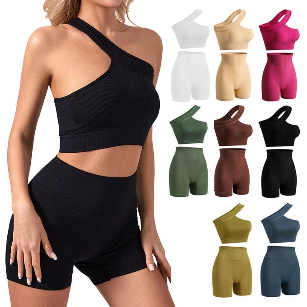 AHMVEX 2 Peças Conjuntos De Treino Feminino , Roupas De Ioga Com Nervuras De Cintura Alta , Regata Sem Costura De Um Omb