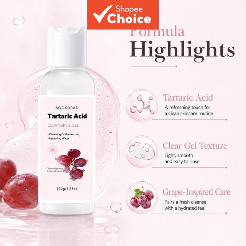 Gel de Limpeza Ácido Tartárico - Gel de Limpeza Suave Hidratante de Longa Duração - Para Todos os Tipos de Pele 100g