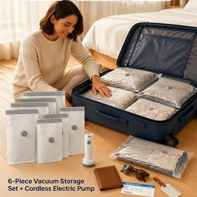 Conjunto de 6 Sacos de Viagem com Compressão a Vácuo, Selados, Impermeáveis   e Reutilizáveis
