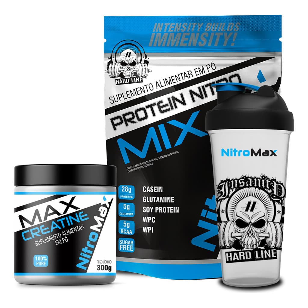 Kit Whey Protein Nitro 900g + Creatina Pura 300g + Brinde