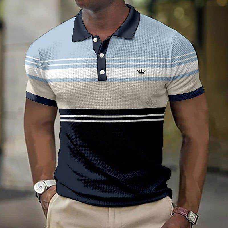 Camisa Polo masculina de tamanho grande, camisa de lapela, camisa de golfe, estampa listrada, rua ao ar livre, manga cur
