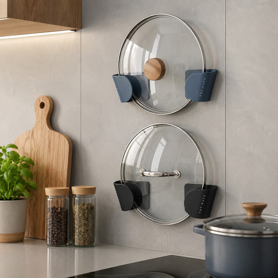 Suporte Organizador de Panela Tampa Pot Rack Adesivo Cozinha Armário Parede Multiuso