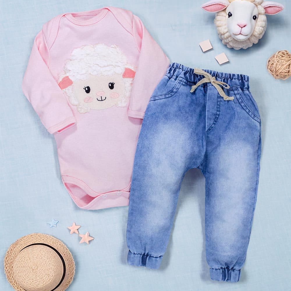 Conjunto Para Bebê Body E Calça Jeans Bordado Ovelha Rosa Claro