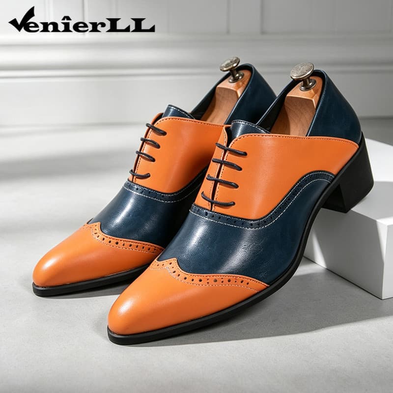 Dois Tons Contraste Brogue Oxford Sapatos Masculinos Rendas Até Salto Bloco Médio Retro Palco Moda Formal De Couro
