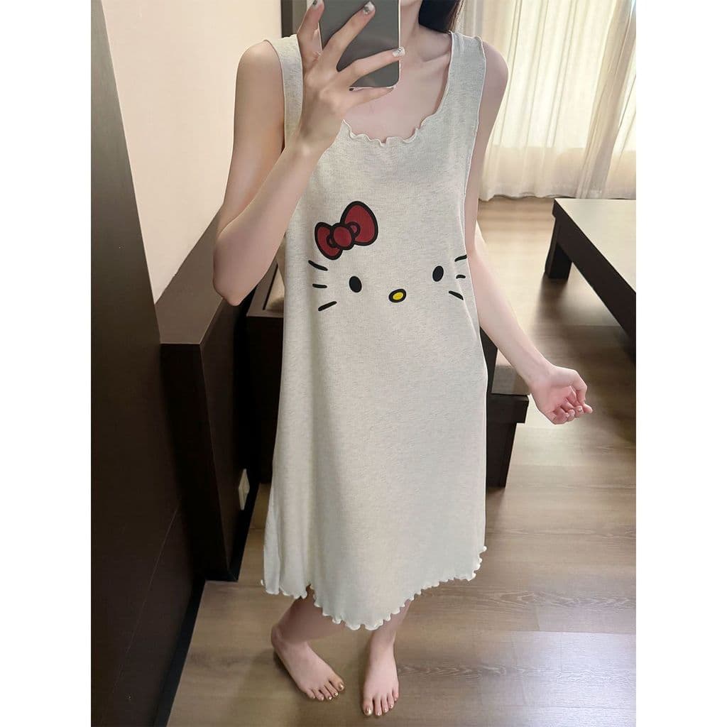 Suspender saia sem mangas verão estilo dos desenhos animados colete camisola feminina verão bonito impresso fungo borda