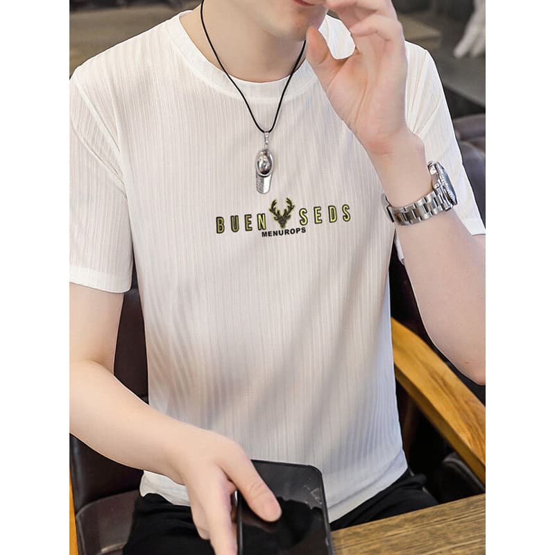 Listrado impresso de manga curta camiseta masculina verão gelo seda fina topo 2025 novo estilo camiseta juventude moda c