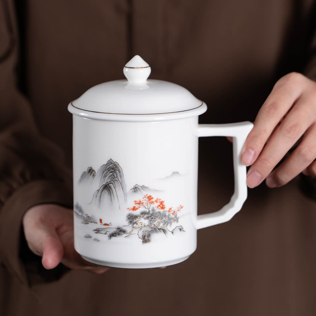 Copo de água de porcelana branca Dehua, xícara de chá de jade com tampa, xícara de cerâmica de grande capacidade, caneca