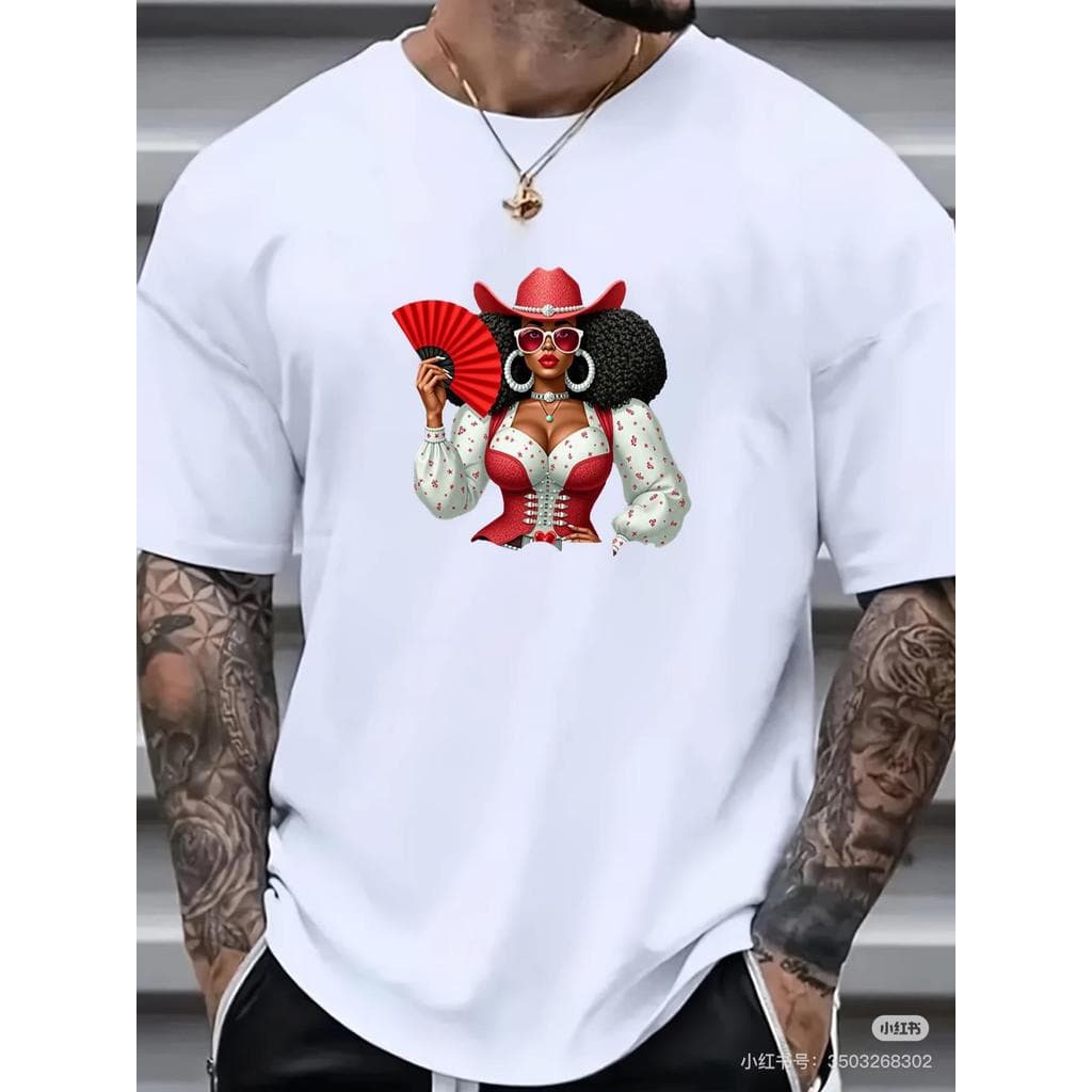 Camiseta Streetwear Estampa Afroamericana Cowgirl Chapéu Vermelho Tendência Moda Hip Hop