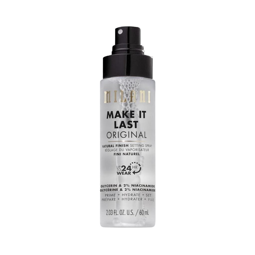 Spray Fixador + Base de Maquiagem Milani, fórmula original hidratante de longa duração, contém niacinamida, usado para m