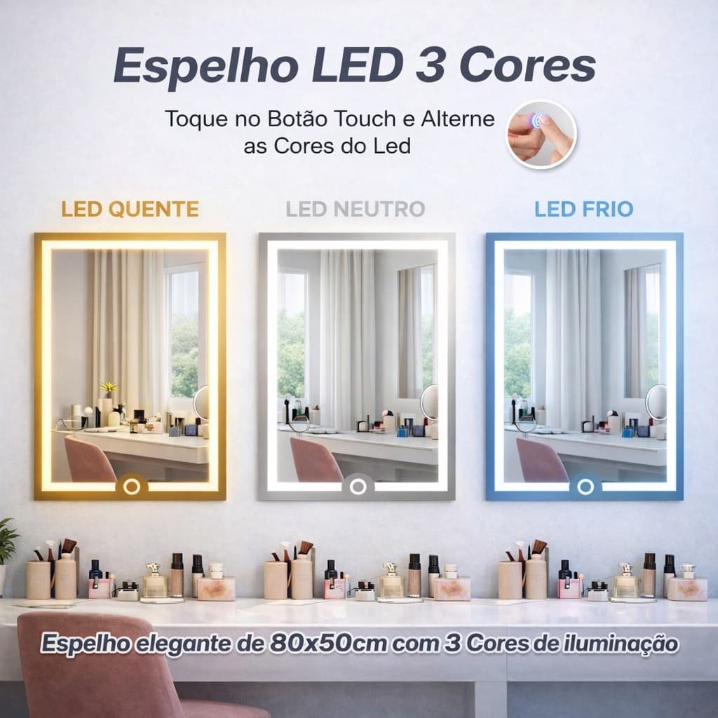Espelho Jateado Retangular 80x50 cm com LED 3 Cores e Botão Touch para Banheiro Lavabo Penteadeira