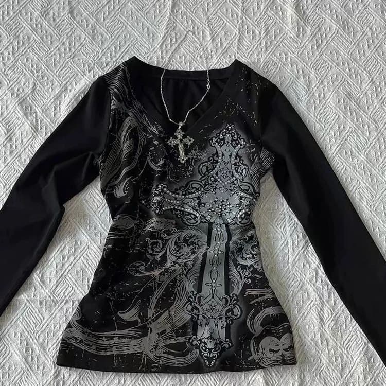 Camiseta Feminina Tie Dye com Decote em V e Estampa, Estilo Americano Retro Y2K para Millennial, HDD1