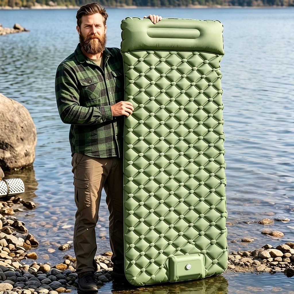 Colchão inflável individual portável verde claro, interligável, anti‑umidade para camping e barraca