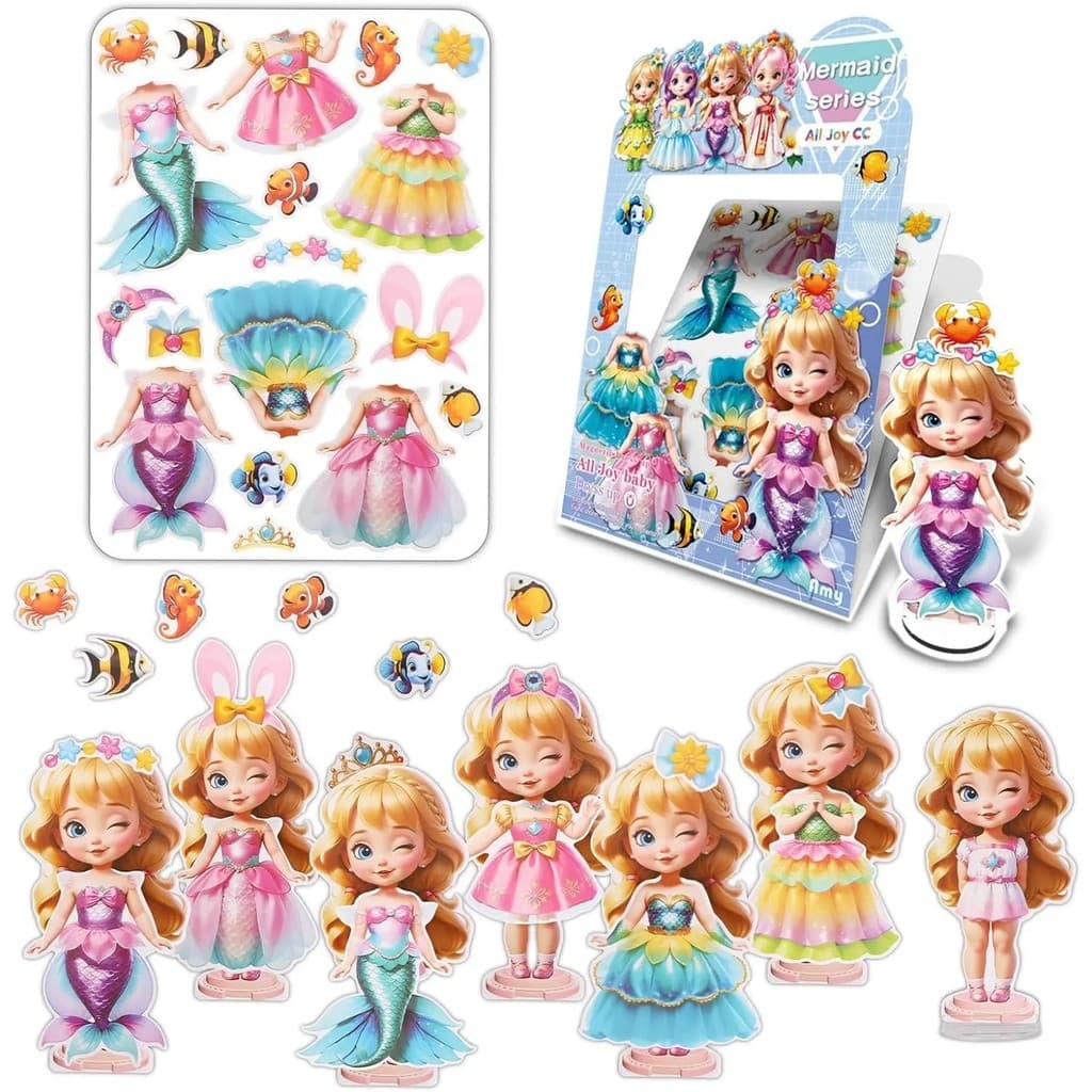 Conjunto De Bonecas De Papel Magnético De Sereia Fofa De Alta Qualidade Para Meninas (3 A 10 Anos)-4.3 Polegadas De Altu