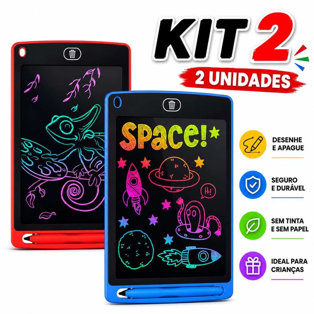 Kit 2 Lousas Mágicas LCD Infantil 8,5 Polegadas Tablet de Escrita e Desenho Reutilizável com Caneta