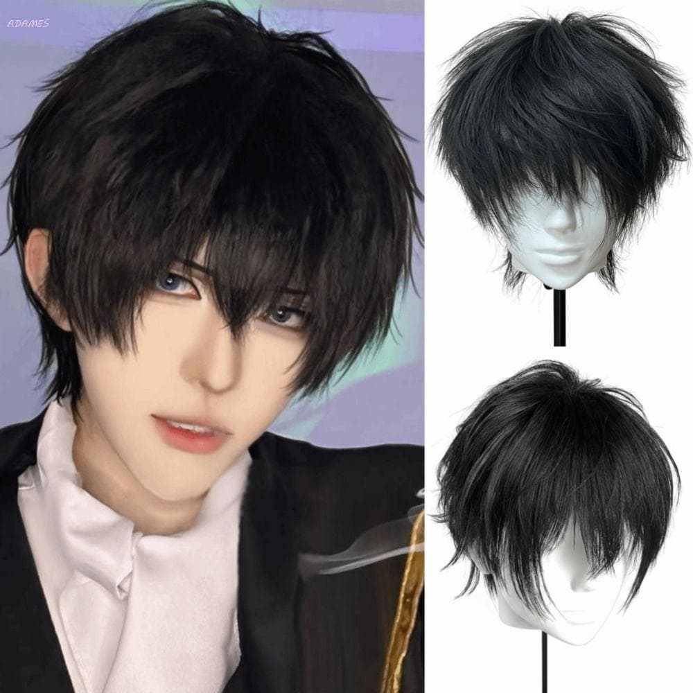 ADAMES Cabelo Curto Em Camadas Retas , Perucas Masculinas Naturais Resistentes Ao Calor Com Franja , Peruca Cosplay De H