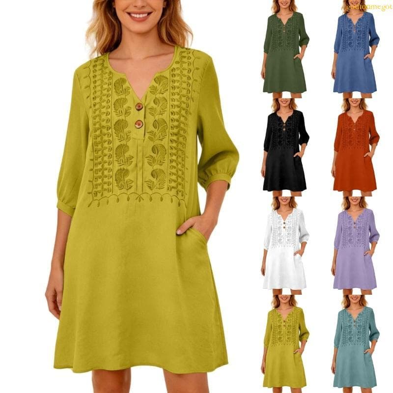 gotitonmegot Vestido Maxi Feminino Bordado Floral E Linho, Curta, Decote V, Praia
