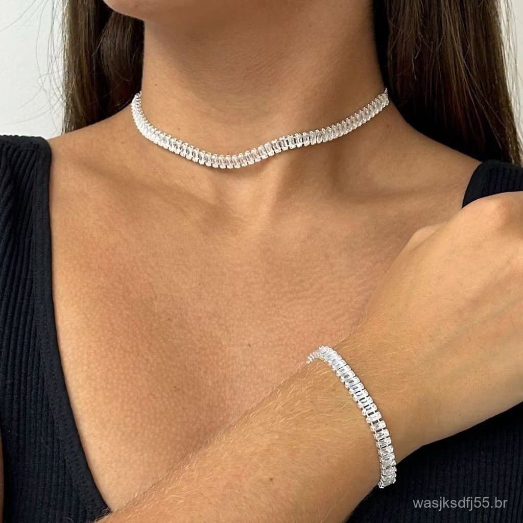 Kit Colar e Pulseira Baguete Zircônia  a Ouro 18K a prata 925 antialérgico
