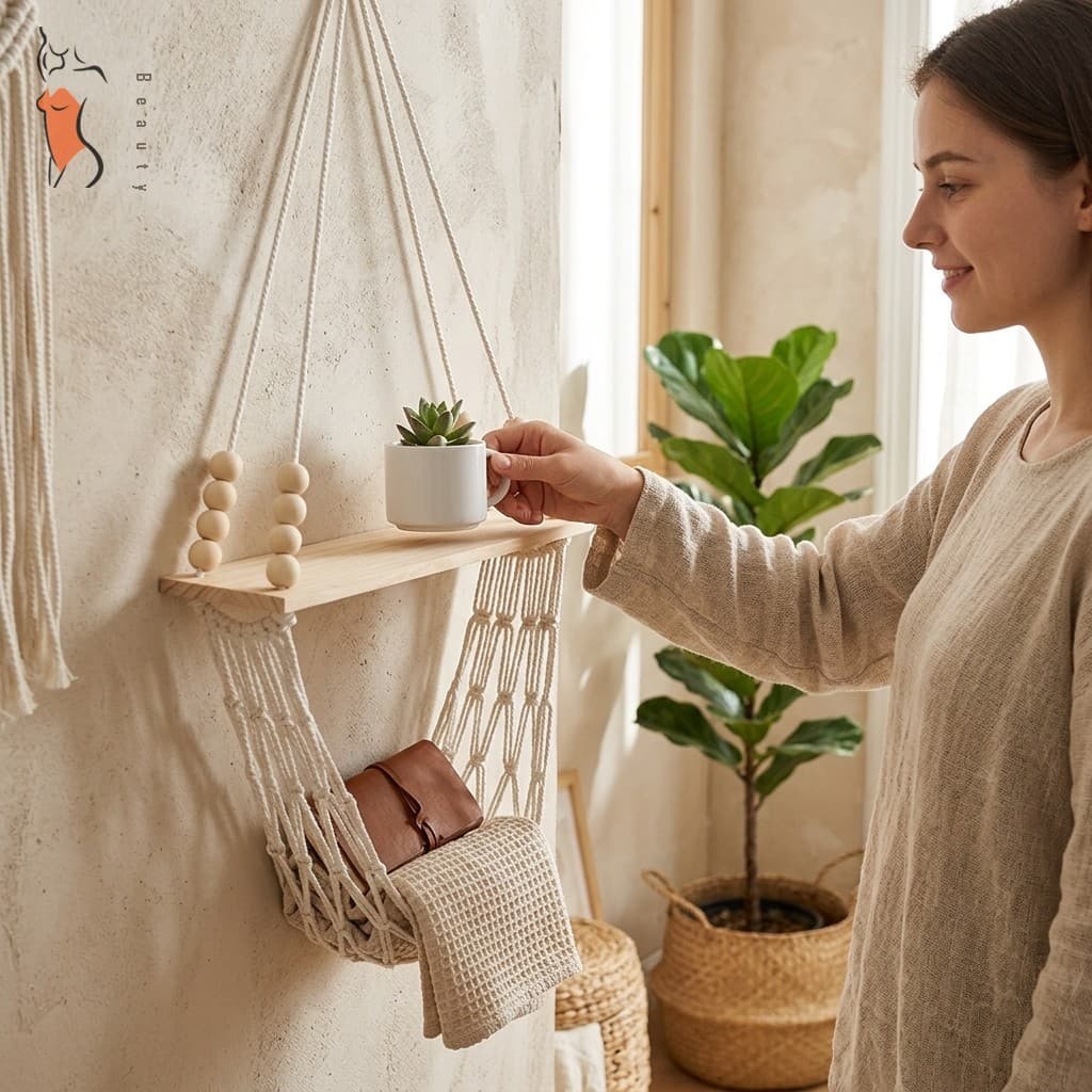 Boho Madeira Grânulo Parede Pendurado Rede De Armazenamento Cordão Algodão Organizador Cesta Crianças Quarto Decoração
