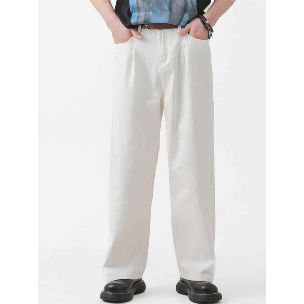 Europeu americano masculino High-End Casual calças de perna reta Jeans branco vintage solto calças de perna larga mascul