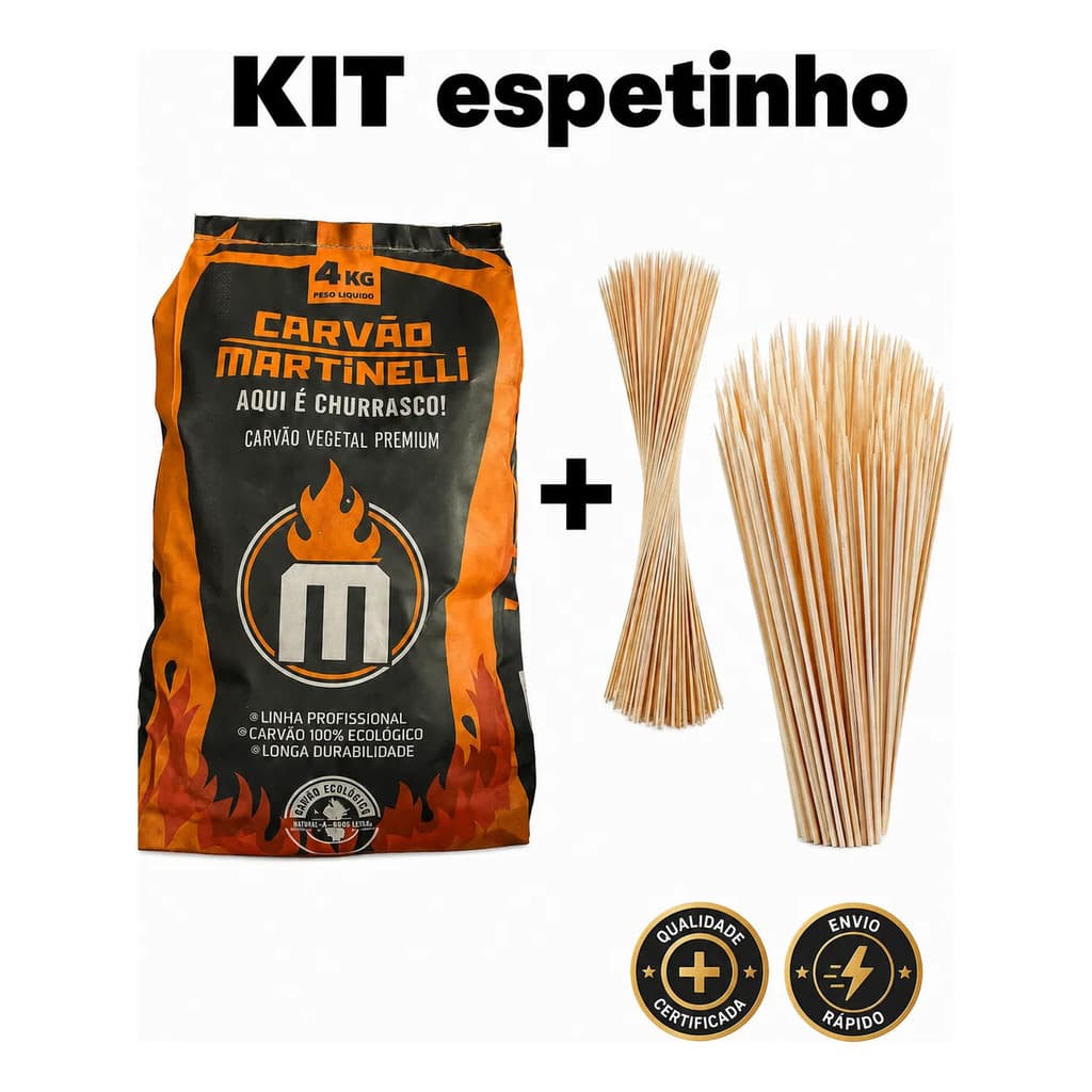 Kit Carvão 4kg + Palito De Espetinho 500 Un