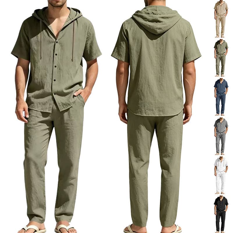 [Venda quente] Capa esportiva masculina Casual com capuz velho dinheiro linho camisa de manga curta capa de calças solta