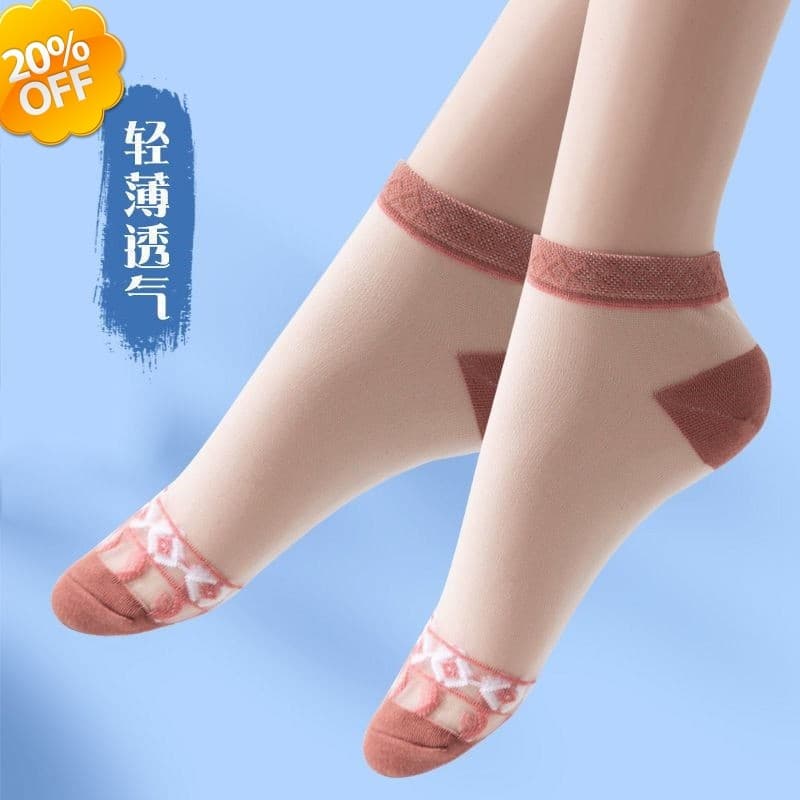 Verão estilo fino cartão de vidro cristal meias de seda feminino tubo curto de seda gelo fundo de algodão Anti-gancho se