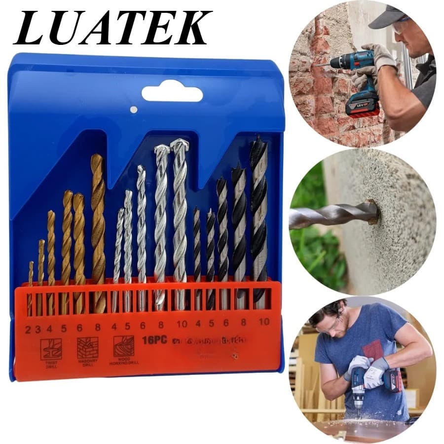 Jogo De Brocas Estojo KIT16 Peças Madeira Metal Concreto 16 BROCAS LUATEK