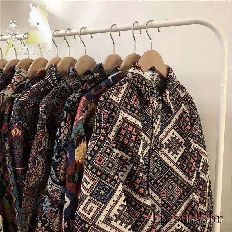 Cubano vintage12 camisa masculina solta outono inverno japonês Retro estilo étnico casal camisa de manga comprida jaquet