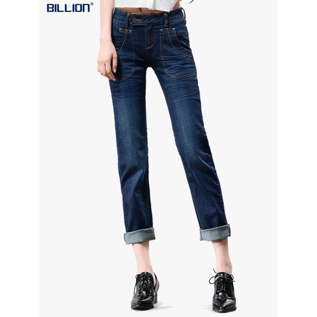 Bilhões de ondulação Jeans feminino em linha reta cintura média algodão estiramento azul escuro 3D Crinkle lavagem moda