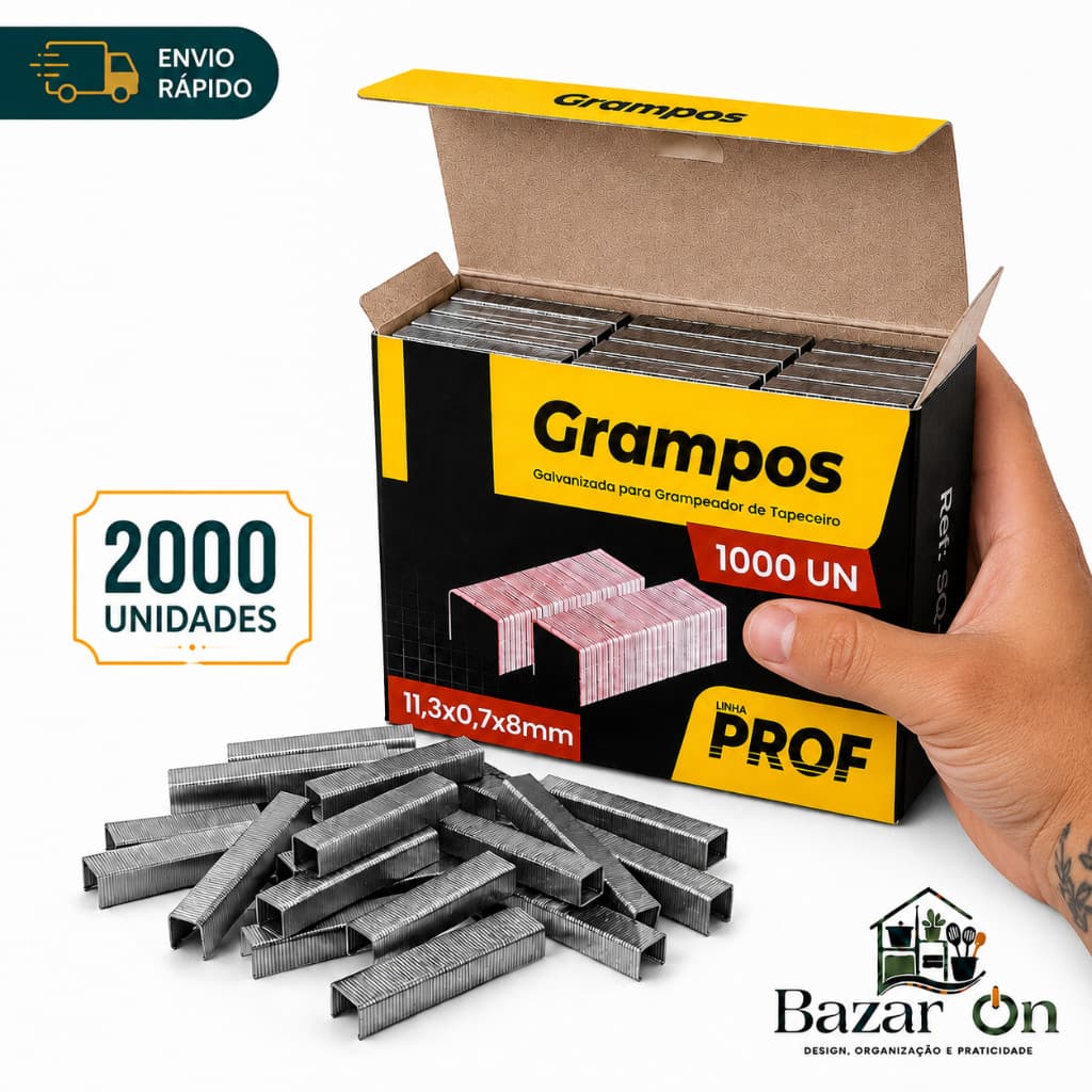 Kit 2000 Grampos Para Tapeceiro Grampeador Galvanizado 11.3x8mm Profissional Resistente Estofado