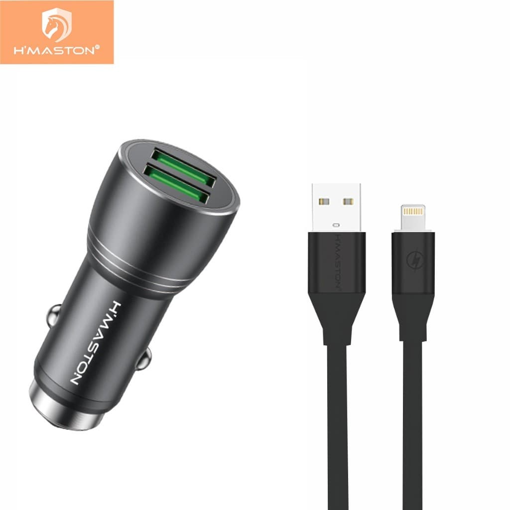 H'Maston L01 Carregador de Carro Veicular para Celular 2USB 4.8A + Cabo V8 LightingTipo-c