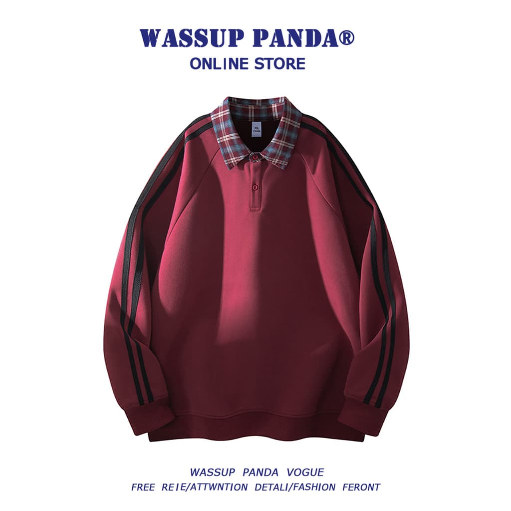 WASSUP PNADA Retro Contraste Cor Lapela POLO Moletom Masculino Primavera Outono Street Wear Solto Casal Casual Top