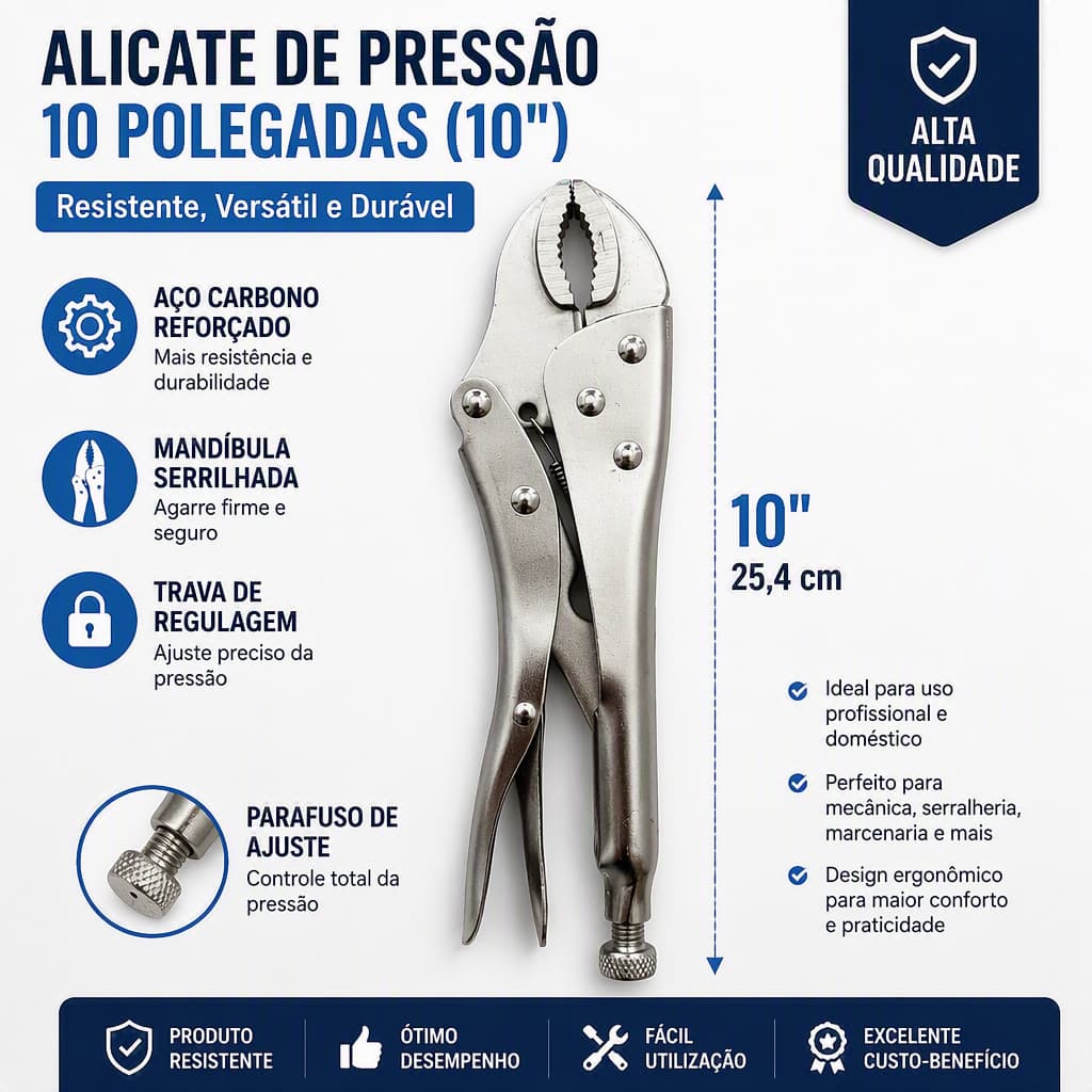 Conjunto 2 Alicates de Pressão: Bico Curvo, Bico Longo e Tipo C, Alicate Trava de Fixação em Aço Carbono
