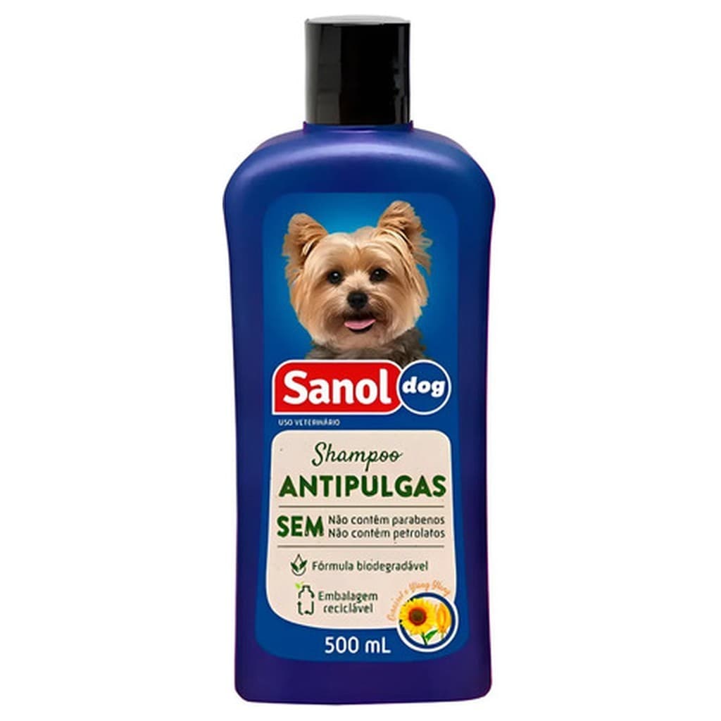 Shampoo Antipulgas Sanol Dog 500ml Suave Cães Adulto Sênior Pequeno Médio Grande