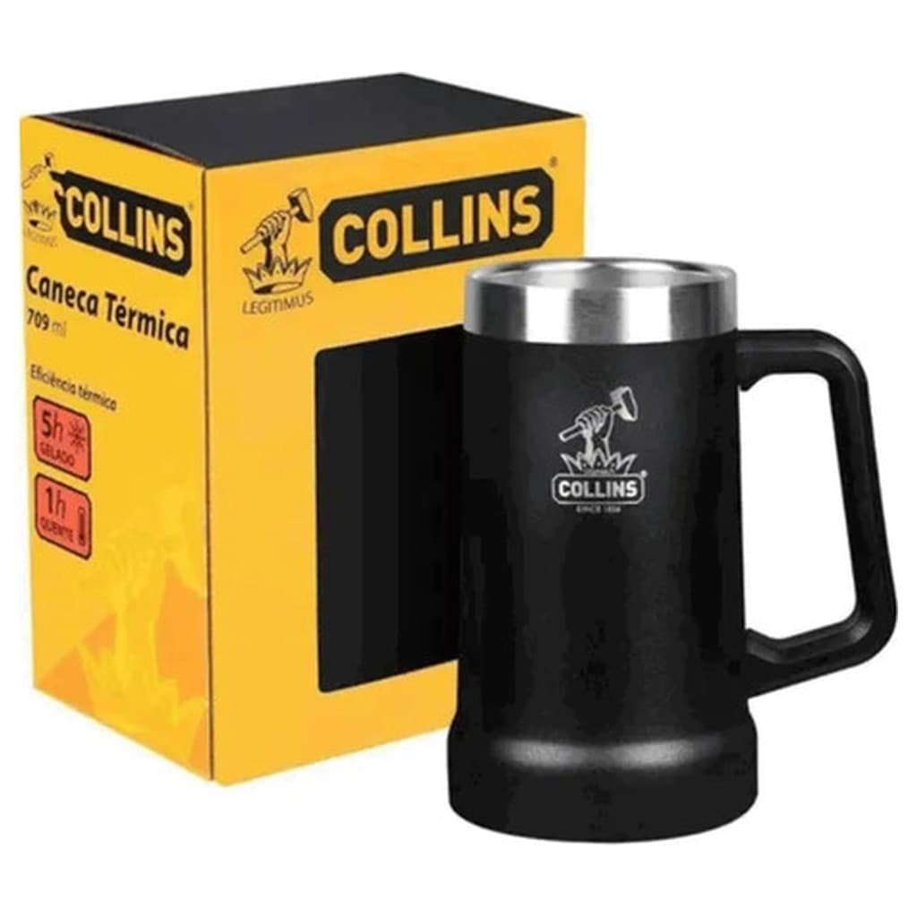 Caneca Térmica Collins 709ml Preta Liso Aço Inox Camada Dupla Copo Termico Café Chá Leite Bebida Quente Fria Viagem