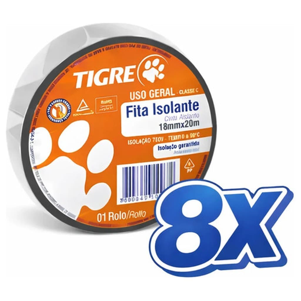 Kit 8 Fita Isolante Tigre Uso Geral 18mm x 5m Preta Isolamento Elétrico Baixa Tensão Emenda Fios