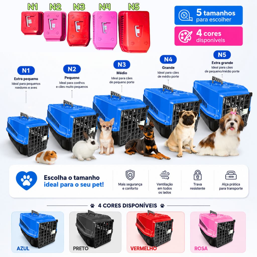 Caixa de Transporte Pet N1 ao N5 Cachorro Gato Coelho Roedores Aves Filhotes Viagem e Passeio Petliz
