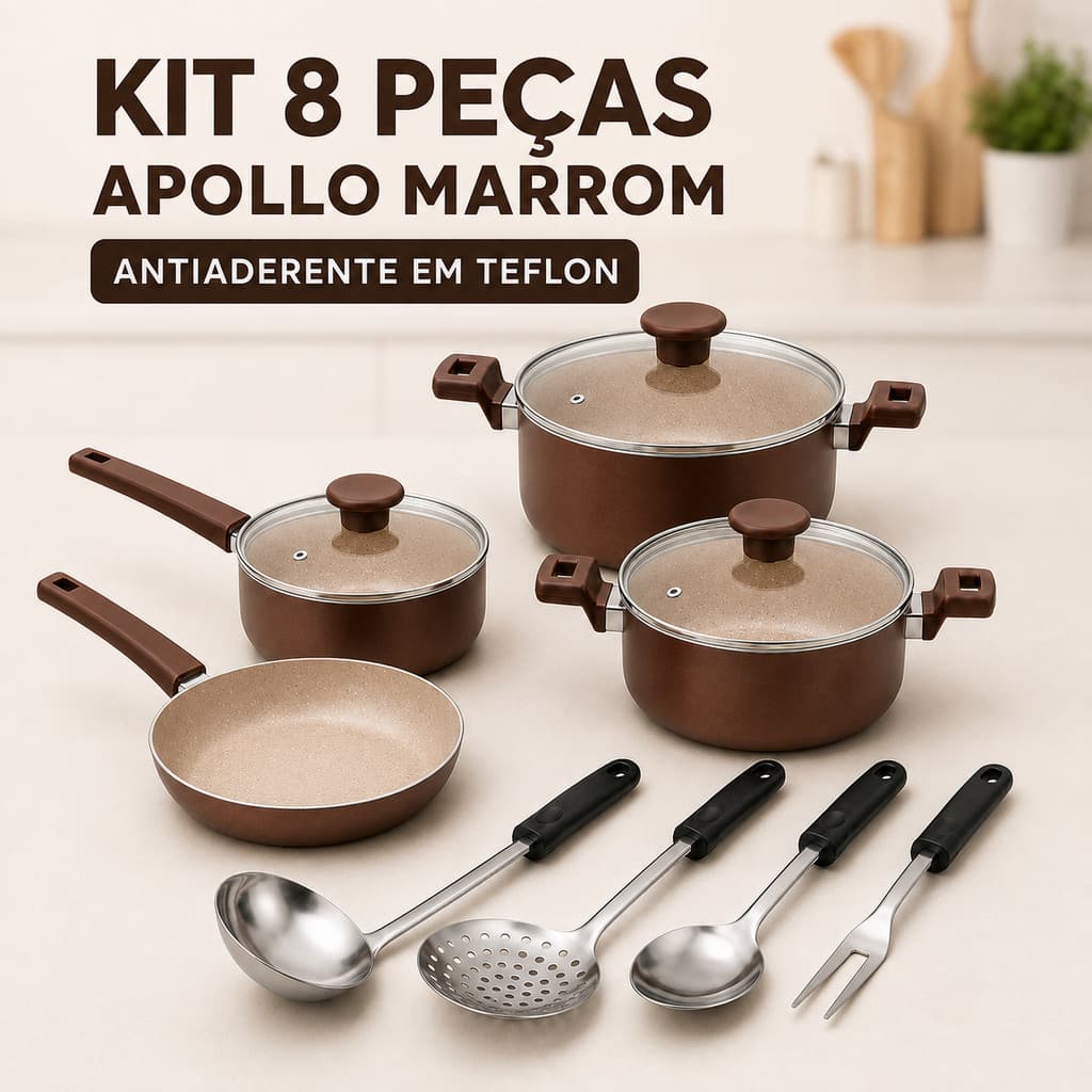 Jogo de Panelas Maxiflon Apollo 8 Peças Antiaderente Marrom com Utensilios