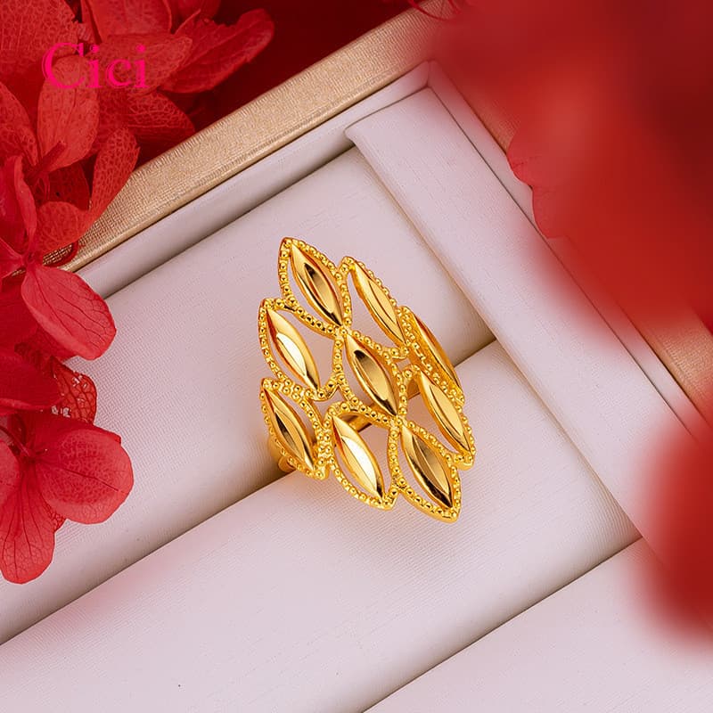 [Cici] Anel Grande De Flor Oca Banhado A Ouro Para Mulheres , Joias De Banda Aberta Ajustáveis Personalizadas Da Moda