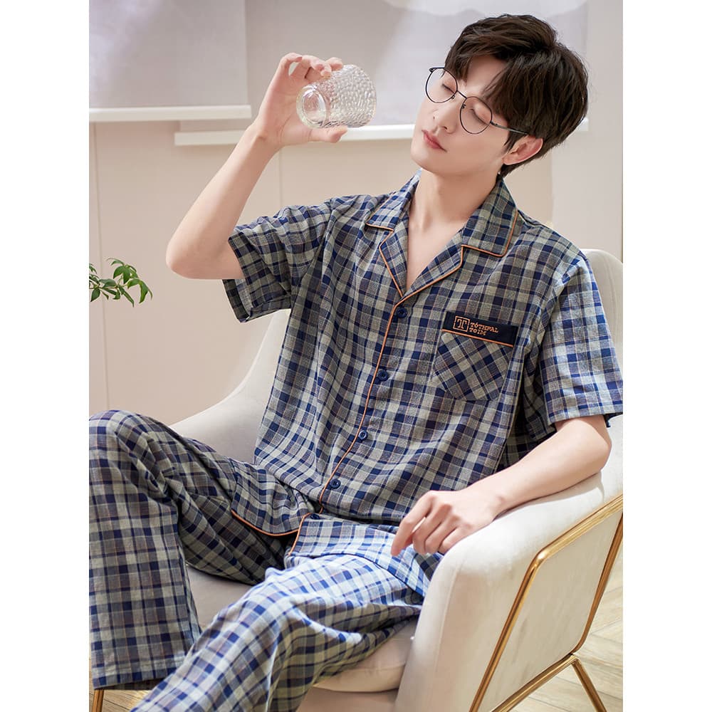 Pijama de gaze de algodão tecido masculino verão puro algodão calças de manga curta estilo fino verão masculino tamanho