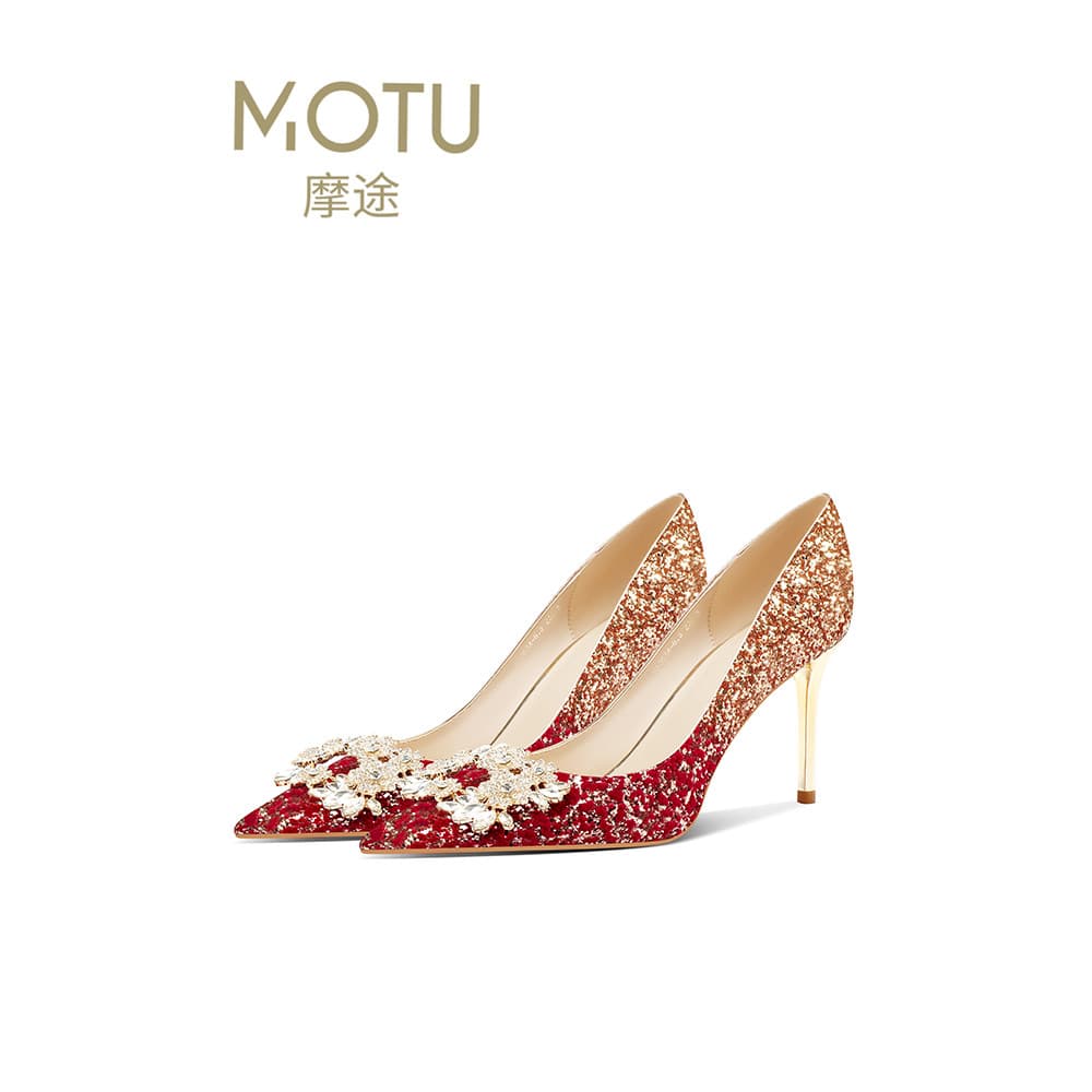 Sapatos de casamento vermelhos femininos 2026 novo estilo elegante cristal estilo chinês noivado Strobe salto alto casam