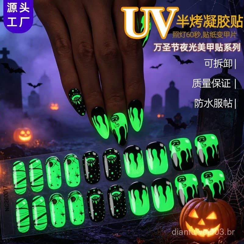 Adesivos de Unhas em Gel Semi-Curados Zhengxiang, Adesivos de Unhas UV com Tema de Halloween Europeu e Americano, Fantas