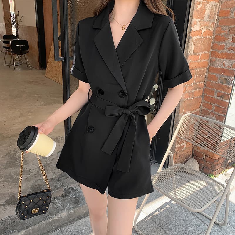 Verão novo estilo pequeno fino Casual solto estilo Hong Kong macacão de perna larga terno Shorts de uma peça saia terno