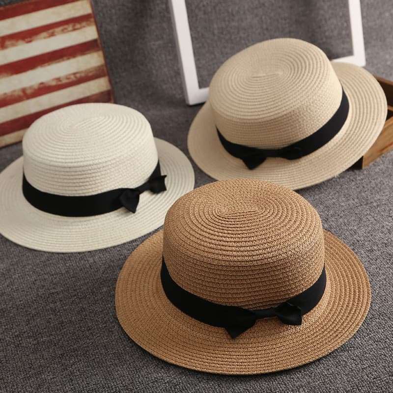 Versão coreana chapéu de palha feminino verão britânico Retro plana topo fresco chapéu pára-sol protetor solar praia cha