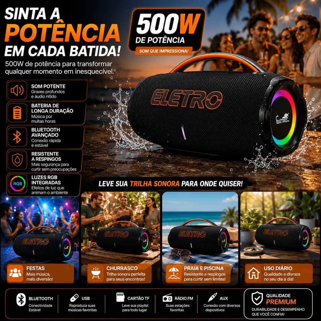 Caixa De Som Bluetooth 500w Graves Potentes Bass Boost Alta Potencia Potatil Bombox 110V/220V