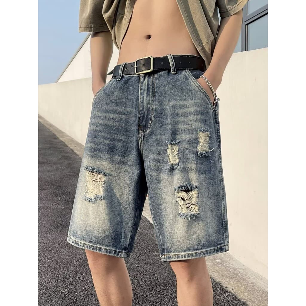 Americano Casual Retro mendigo rasgado Denim Shorts masculino solto na moda rufião bonito calças de cinco pontos verão e